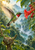Hummingbird hovering at a red tubular flower, with wet green leaves, a waterfall, and a mossy branch in the foreground.