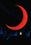 Large scarlet crescent moon above angular blue rooftops, a bright window, and a thin antenna.