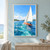 Coral-hulled sailboat with a white sail and one sailor crossing sparkling blue water near a wooded shoreline.; frame shown for styling only