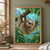 A curled sloth reaches toward a dangling raindrop on a broad leaf beneath a mossy branch, framed by rainy green foliage and turquoise light.; frame shown for styling only