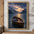 An empty wooden rowboat with a folded blue blanket and oars on a mountain lake beneath clearing storm clouds.; frame shown for styling only