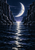 A crescent moon and small bird above a silver water reflection between dark columnar cliffs.