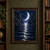 A crescent moon and small bird above a silver water reflection between dark columnar cliffs.; frame shown for styling only