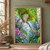 Vivid green red-eyed tree frog with orange toe pads beneath a rain-beaded tropical leaf, surrounded by foliage and pink flowers.; frame shown for styling only