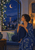 Adult woman in a patterned cobalt robe holding a cup by an arched window with jasmine, a crescent moon, and warm interior light.