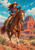 Adult woman in a broad hat riding a chestnut horse through red-rock terrain beneath a turquoise sky.