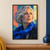 Close portrait of a silver-haired woman wearing a cobalt scarf against a geometric coral, teal and pale yellow background.; frame shown for styling only