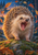 A yawning hedgehog with fanned spines stands on a mossy rock as leaves curl around it in a blue woodland dusk.