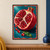 Cut-open pomegranate with ruby arils and pale membranes on a deep teal background, framed by a coral border with loose seeds and a green leaf.; frame shown for styling only