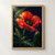 Red-orange poppy with dark center, unopened bud, and fern-like foliage against a midnight-blue background.; frame shown for styling only
