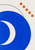 Cropped ultramarine disk with a white crescent opening, five burnt-orange squares, and a thin black arc on a pale background.