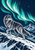 A grey wolf strides on a snowy ridge beneath turquoise northern lights, pointed mountain peaks, and a small coral star.