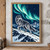A grey wolf strides on a snowy ridge beneath turquoise northern lights, pointed mountain peaks, and a small coral star.; frame shown for styling only