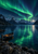 Green aurora reflected in a dark mountain lake, with snow-dusted peaks and a small lantern-lit rowboat at the rocky shore.