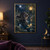 Fluffy charcoal-gray cat touching rippling pond water as a golden koi swims below, with a hanging lantern, moon, willow, and reeds.; frame shown for styling only