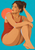 A clothed adult woman sits with her knees drawn up against a turquoise background and coral disk.