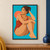 A clothed adult woman sits with her knees drawn up against a turquoise background and coral disk.; frame shown for styling only