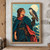 An adult woman in a dark teal cloak and cap holds a falcon on a gloved hand beneath a gold moon, with wind arcs, mountains, and water.; frame shown for styling only