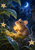 A brown mouse holds a glowing golden pod on a mossy perch among dewy leaves and pale flowers beneath a crescent moon.