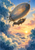 A pale balloon-envelope airship with a suspended gondola flies across indigo clouds above a glowing sunrise, with birds and distant mountains below.