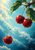 Three glossy red cherries, two on a leafy branch and one separated below, against an aqua-to-teal sky.