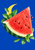Tilted red watermelon wedge with dark seeds, green mint leaves, floating juice beads, and a yellow crescent on deep blue.