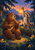 A seated brown bear plays a small stringed instrument as a raccoon raises a glowing lantern in a twilight forest landscape.