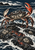 Large crab with raised claws on dark wave-washed rock, amid foamy surf and barnacles, in ink blue, shell white, and vermilion.