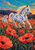 Two white ponies with cobalt-blue spots moving through coral poppies beneath a turquoise sky at sunset.