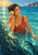 An adult woman in a coral wrap holds a pale spiral shell to her ear while standing in turquoise lagoon water beneath warm sunlight.