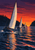Three sailboats with pale triangular sails cross dark water toward an opening between forested headlands at sunset.