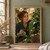 Adult woman in dark teal clothing notices a bright multicolored frog on a glossy leaf in a warmly lit greenhouse.; frame shown for styling only