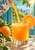 Orange juice pours from a decorated ceramic pitcher into a bubbly glass with an orange slice, surrounded by citrus, leaves and blossoms.