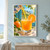 Orange juice pours from a decorated ceramic pitcher into a bubbly glass with an orange slice, surrounded by citrus, leaves and blossoms.; frame shown for styling only