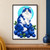 A fluffy blue-and-white cat with amber eyes sits on glossy blueberries beneath a bright aqua circle, with green leaves around the fruit.; frame shown for styling only