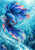 Large blue-violet betta fish with long flowing fins turning through a curling aquamarine current, with bubbles and small silver fish in the distance.