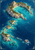 Map-like illustration of a crescent-shaped rocky island around a turquoise bay, smaller islands, tiny sailboats, and a fine gold border.