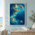 Map-like illustration of a crescent-shaped rocky island around a turquoise bay, smaller islands, tiny sailboats, and a fine gold border.; frame shown for styling only