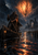 A darkly dressed ferryman stands in a wooden skiff beneath a glowing amber ribbed lantern, with ruins and reeds along the shore.