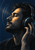 Bearded adult man in left-facing profile with eyes closed, touching an over-ear headphone cup against a dark blue background.
