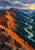 A glowing orange mountain ridge above a dark evergreen valley, with a bright winding stream leading toward distant mountains.