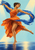Barefoot dancer in an orange dress pivots with one leg extended as blue fabric curves around her against a pale aqua background.