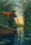Traveler in a wooden skiff poles through an arch of tall marsh reeds toward dawn, with a distant heron and lily pads.