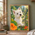 A small white terrier looks toward the viewer in a lush garden with orange nasturtiums, round leaves, mossy stonework and a sunlit path.; frame shown for styling only