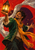 A smiling adult performer in an emerald jacket and saffron scarf holds an ornate glowing lantern aloft as pale fabric sweeps behind.