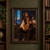 Seated adult musician holding a wooden pear-shaped lute beside a tall arched window with a blue dusk waterside view.; frame shown for styling only