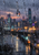 Elongated raindrop reflecting a warm light on rain-streaked glass, with blurred city lights and smaller droplets in the background.