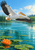 White pelican with spread wings and trailing feet flying above turquoise lagoon ripples, with reeds, lily pads, and an orange water lily.