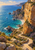 Ochre coastal cliffs with a stone switchback path descending toward a turquoise cove and a small sailboat.