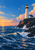 White lighthouse on a dark rocky promontory above a foaming blue sea, with seabirds in the sunset sky.
